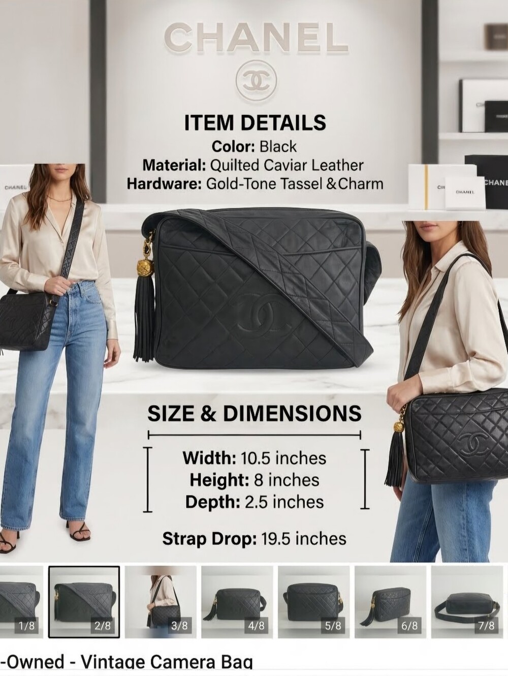 Authentic CHANEL CC Logo Quilted Camera Tassel Lambskin Vintage Bag Dustbag Set